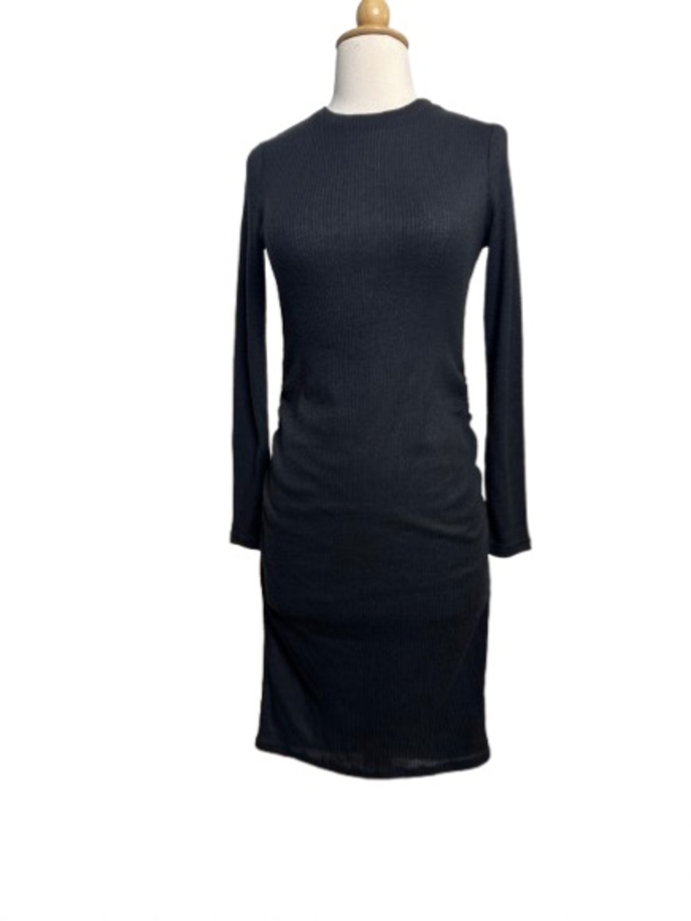 Classic Long-Sleeve Ribbed Knit Dress in Black